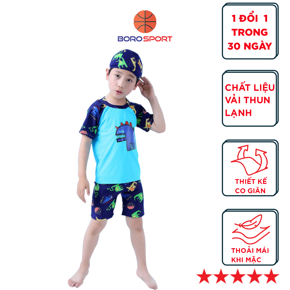 Bộ đồ bơi dành cho bé trai cao 85cm - 125cm thiết kế khủng long xanh tặng kèm nón - Hãng Chính Hãng BORO SPORT