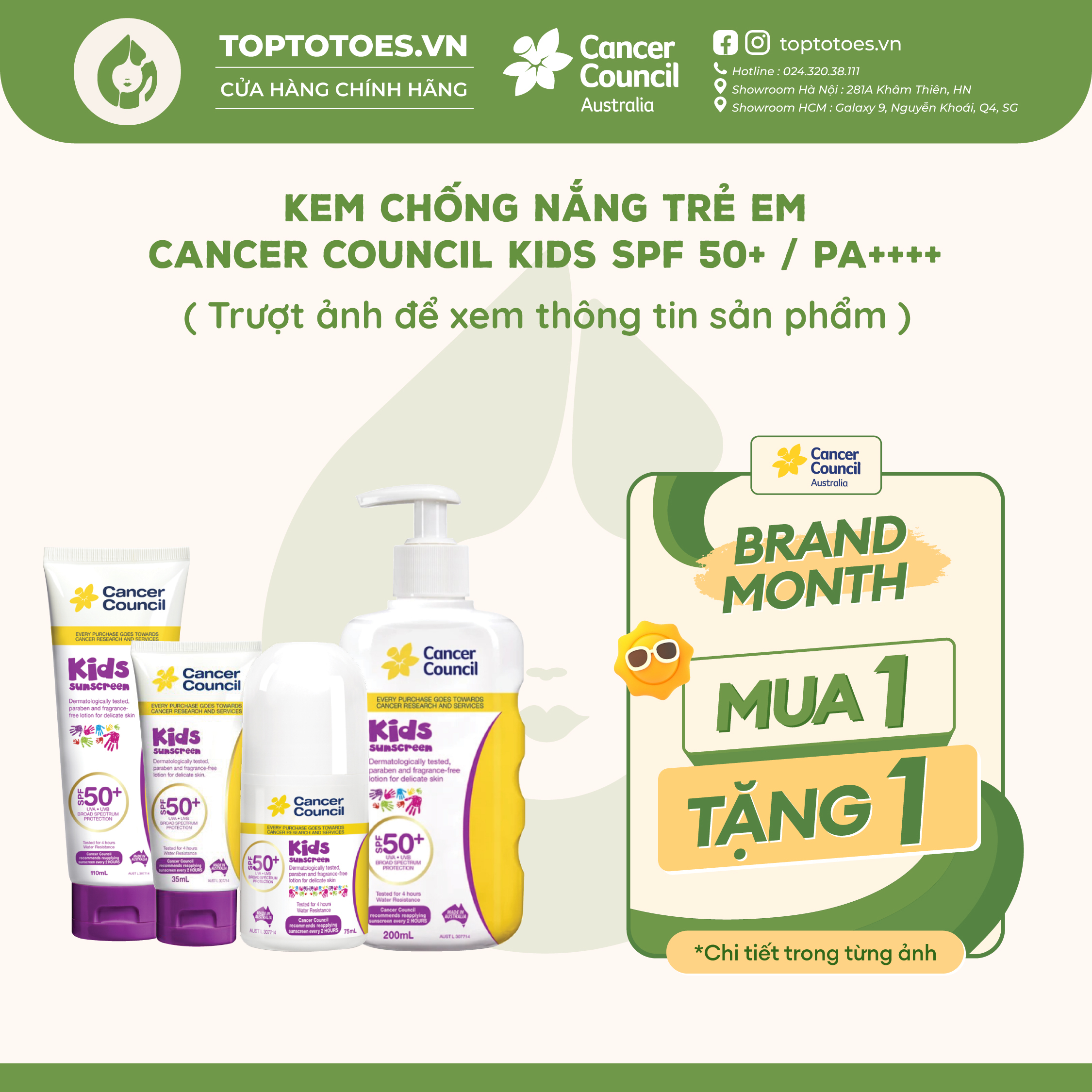 Kem chống nắng Trẻ em Cancer Council Kids SPF 50+/ PA ++++