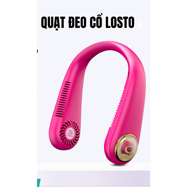 Quạt đeo cổ không cánh Gấu Dâu Losto, quạt treo cổ mini sạc pin tích điện 3 cấp độ gió êm ái không ồn,DISNEY
