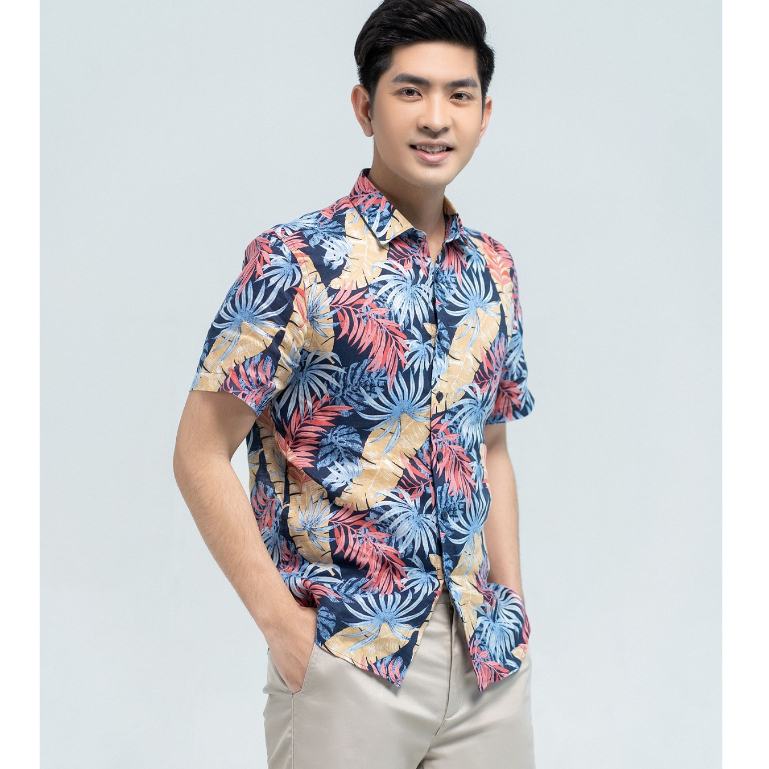 Sơ mi nam ngắn tay họa tiết mùa hè DGC - SASNBC03M dáng suông 100% vải đũi Linen