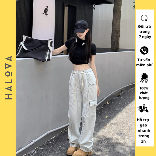 Set áo croptop quần ống rộng túi hộp tay dài HALOVA SQ1