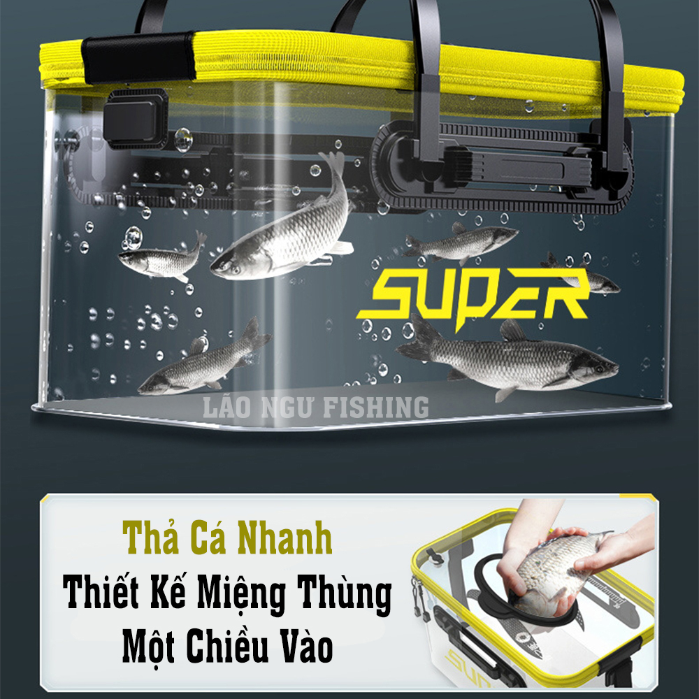 Thùng Đựng Cá SUPER Trong Suốt đa năng, Chất liệu EVA chống thấm nước, có thể gấp gọn tiện lợi