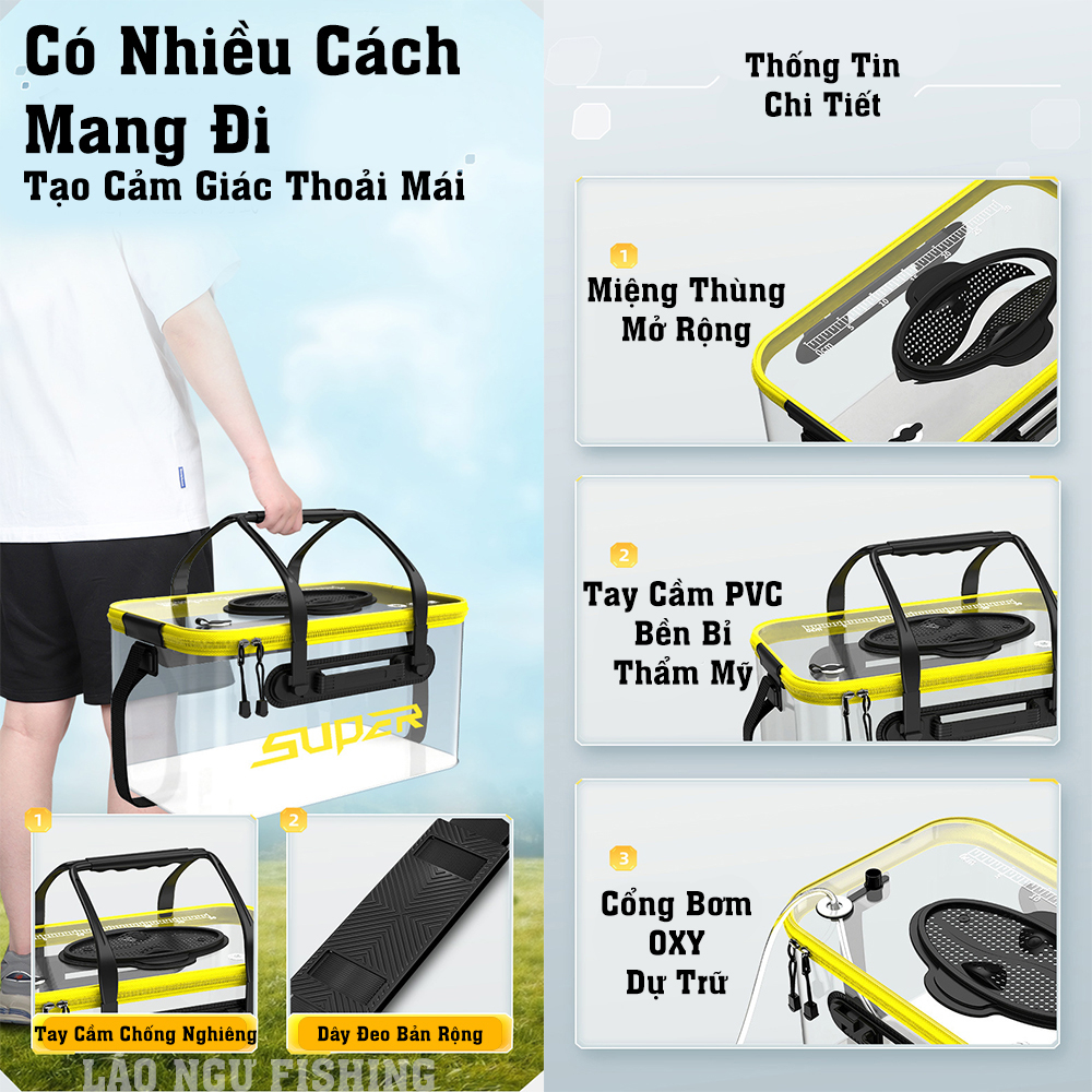 Thùng Đựng Cá SUPER Trong Suốt đa năng, Chất liệu EVA chống thấm nước, có thể gấp gọn tiện lợi