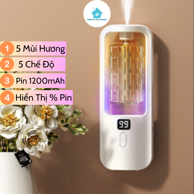 Xịt Thơm Phòng Tự Động Xịt Khử Mùi 5 Chế Độ Tùy Chỉnh RTH01,5 Mùi Hương,Pin Sạc 1200mAh để bàn,treo tường tiện dụng