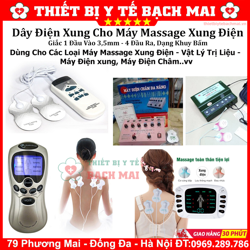 Dây Xung Điện Dùng Cho Máy Massage Điện Xung, Máy Vật Lý Trị Liệu, Máy Điện Châm..vv - 1 Đầu vào chân to 3.5mm ra 4 đầu