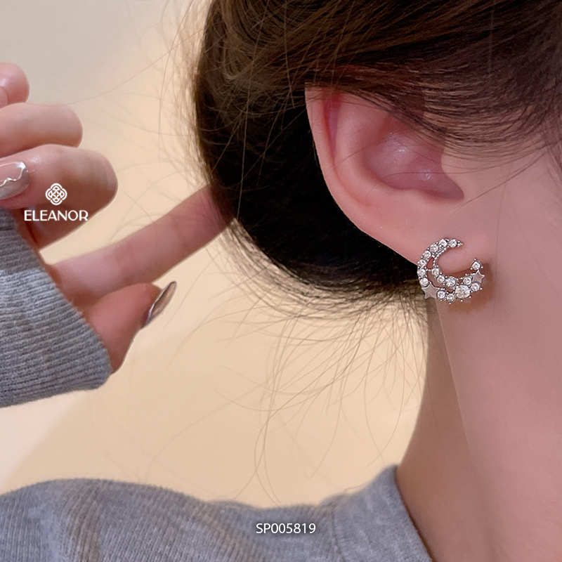 Bông tai nữ chuôi bạc 925 Eleanor Accessories hình mặt trăng họa tiết ngôi sao đính đá phụ kiện trang sức 5819