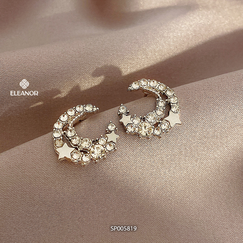 Bông tai nữ chuôi bạc 925 Eleanor Accessories hình mặt trăng họa tiết ngôi sao đính đá phụ kiện trang sức 5819