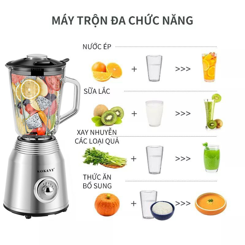 Máy xay sinh tố, thực phẩm, rau của quả đa năng công suất cao 800W SOKANY SK186B xay cực nhanh, cực nhuyễn