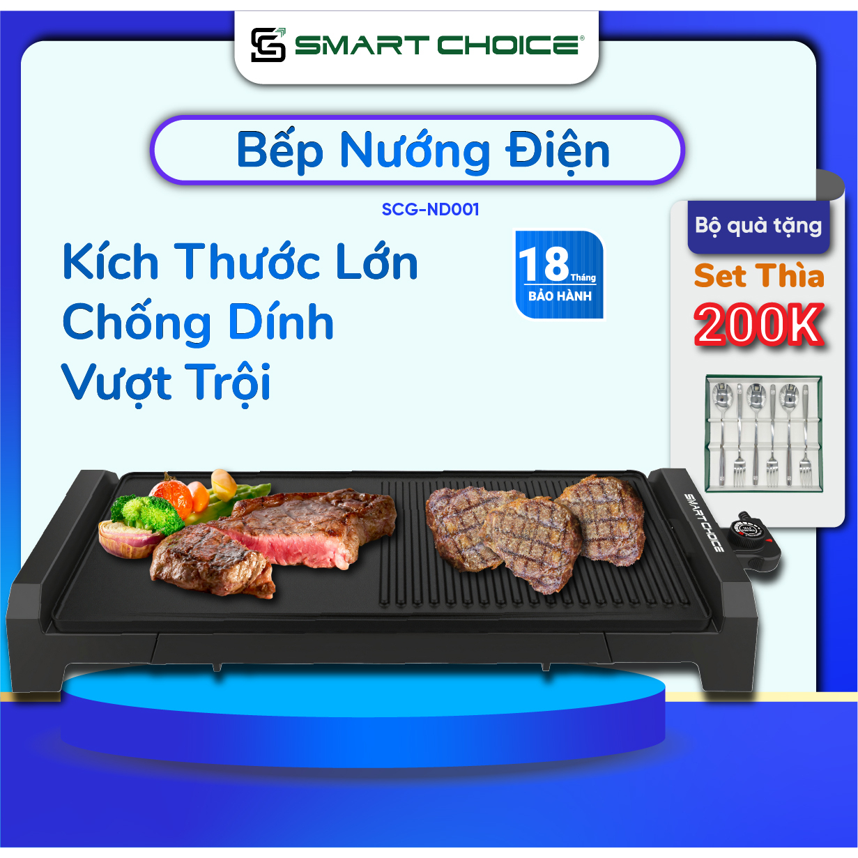 Bếp Nướng Điện Không Khói SmartChoice, Công Suất 2200W Kích Thước Lớn Bảo Hành Chính Hãng 18 Tháng