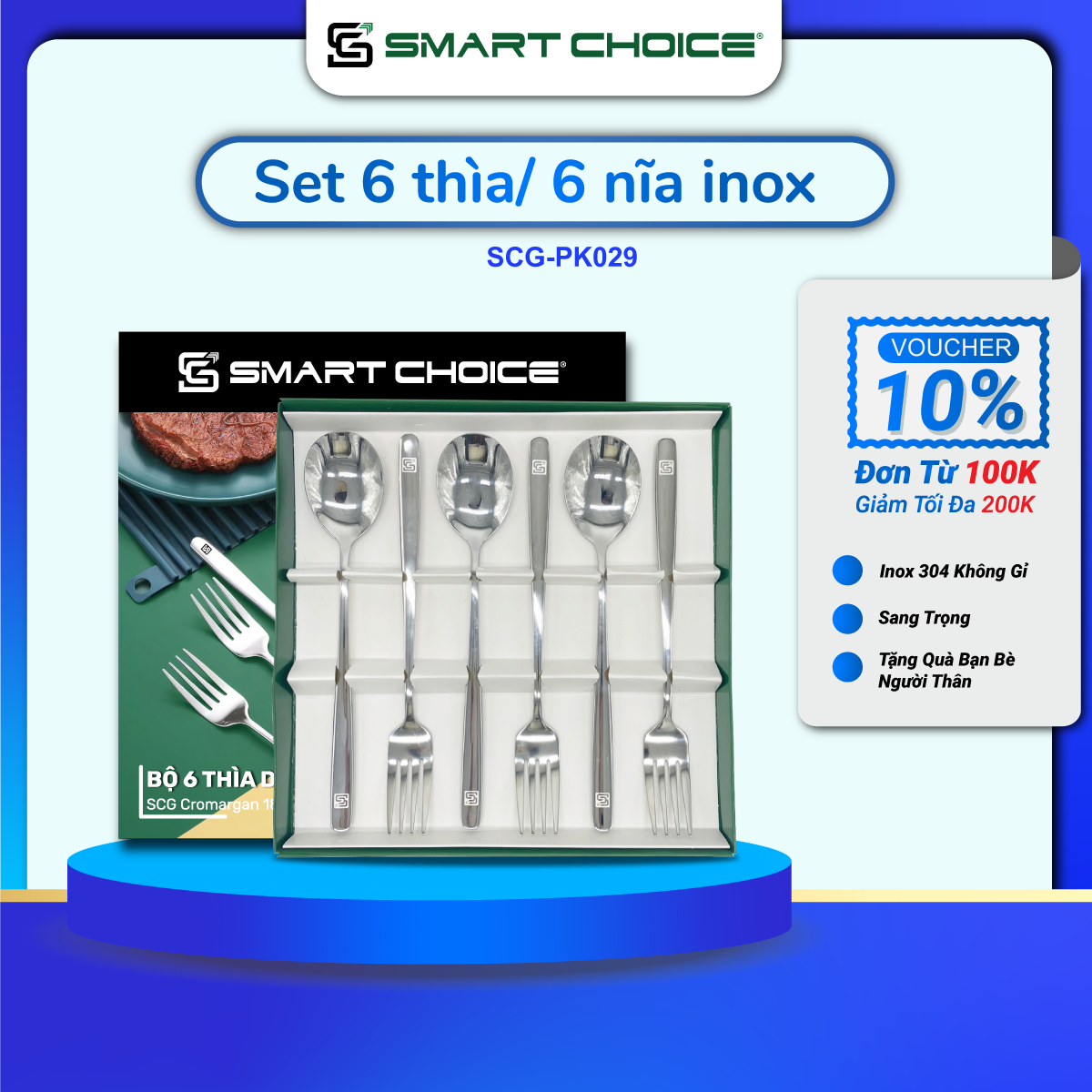 Muỗng Inox Bộ Thìa Dĩa Nĩa Ăn Cơm SmartChoice Inox 304 Cán Dài Cao Cấp ( 6 món ) - Hàng Loại 1