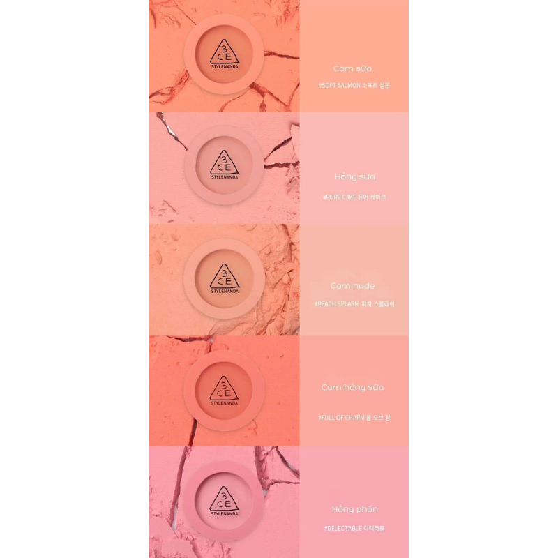 Có sẵn đủ tone - Phấn má hồng 3CE Face Blush Mood màu Soft Salmon, Peach Splash, Pure Cake, Delectable siêu xinh