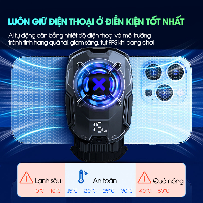 Quạt tản nhiệt điện thoại sò lạnh MEMO DL16 làm mát nhanh công nghệ Ai tự động đèn bảo vệ pin led RGB hiển thị nhiệt độ