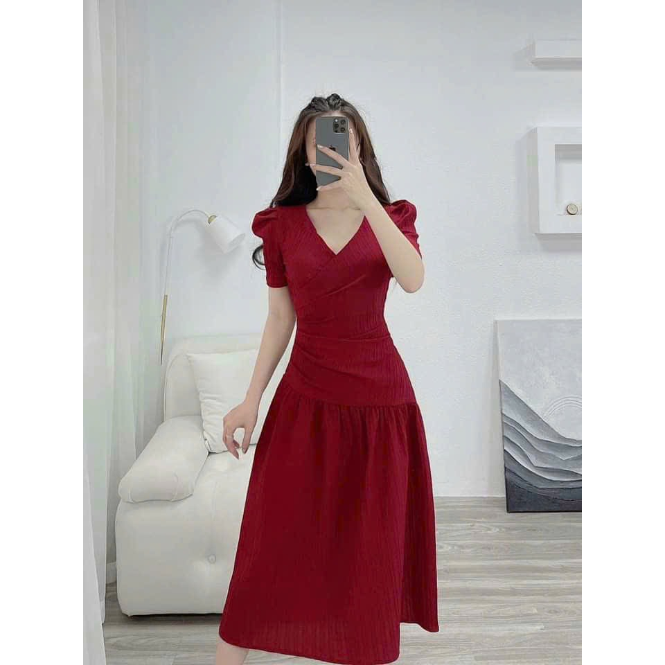 Váy tiểu thư dáng dài cổ V eo xếp kiểu đầm dự tiệc công sở thanh lịch xinh đẹp K N Boutique
