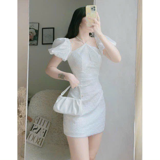 Váy dự tiệc cưới quyến rũ dáng ngắn đầm trắng cổ kiểu dạo phố xinh đẹp trẻ trung KN Boutique