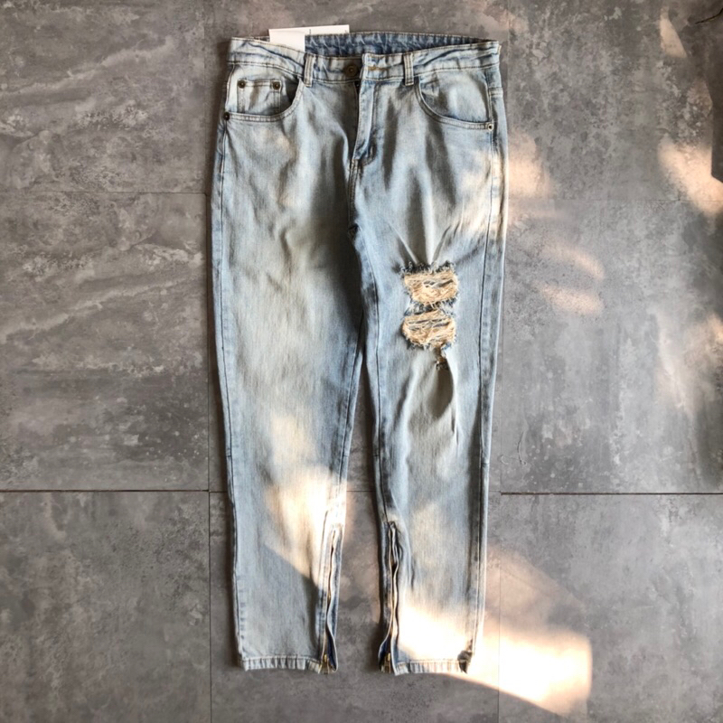 Quần jeans rách zipper B054 Bui Vintage, vải denim dày dặn phom slim