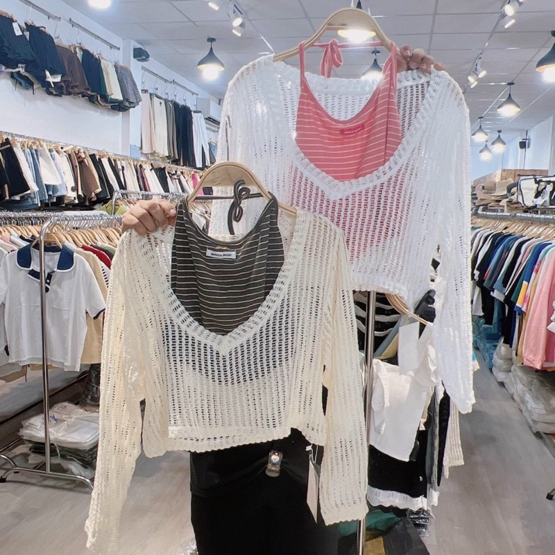 Set áo yếm kèm ống tròng ngoài gomboutique77, Set áo lưới cổ V trễ + áo yếm croptop💕💕💕L9988