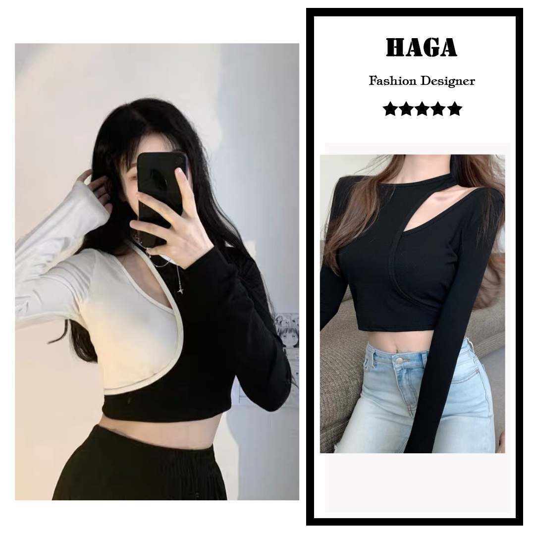 Áo croptop nữ body dài tay HAGA hở vai cổ tròn phối lồng thân ALTD11