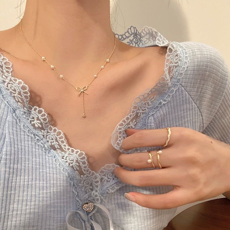 Dây Chuyền Kim Sắc Mặt Nơ Đính Hạt Dễ Thương Chơ Nữ Sinh A09