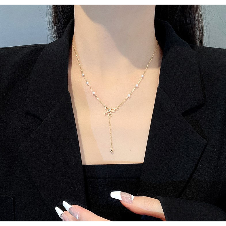 Dây Chuyền Kim Sắc Mặt Nơ Đính Hạt Dễ Thương Chơ Nữ Sinh A09