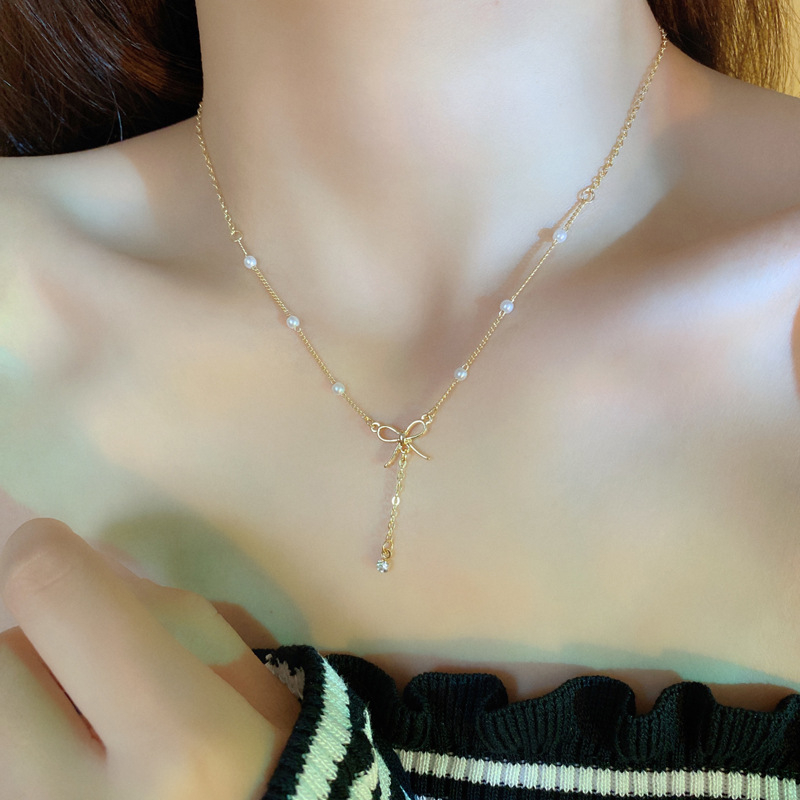 Dây Chuyền Kim Sắc Mặt Nơ Đính Hạt Dễ Thương Chơ Nữ Sinh A09