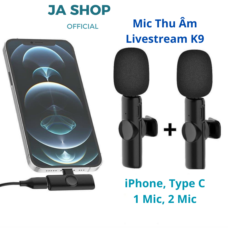 Bộ Micro Thu Âm Không Dây K9 (1 Mic, 2 Mic) Khử Tiếng Ồn Để Livestream Ghi Âm Quay Video Cổng iPhone và Type C (JA SHOP)