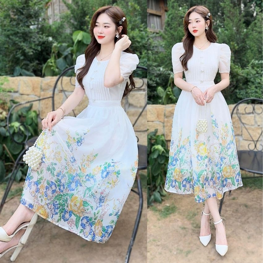 Váy hoa công sở cổ tròn xếp ly ngực tinh tế - XU XU SHOP - Đầm hoa voan tơ họa tiết nhẹ nhàng mát mẻ cho mùa Hè