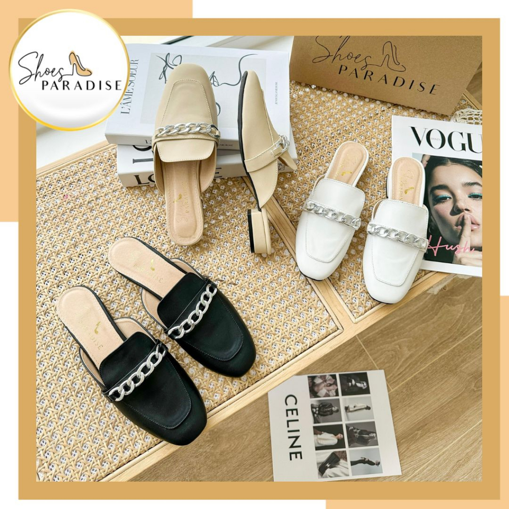 Giày sục nữ đẹp mũi vuông quai xích giày nữ đế bệt hở gót phối khóa 2cm SHOES PARADISE L076 (FORM NHỎ)