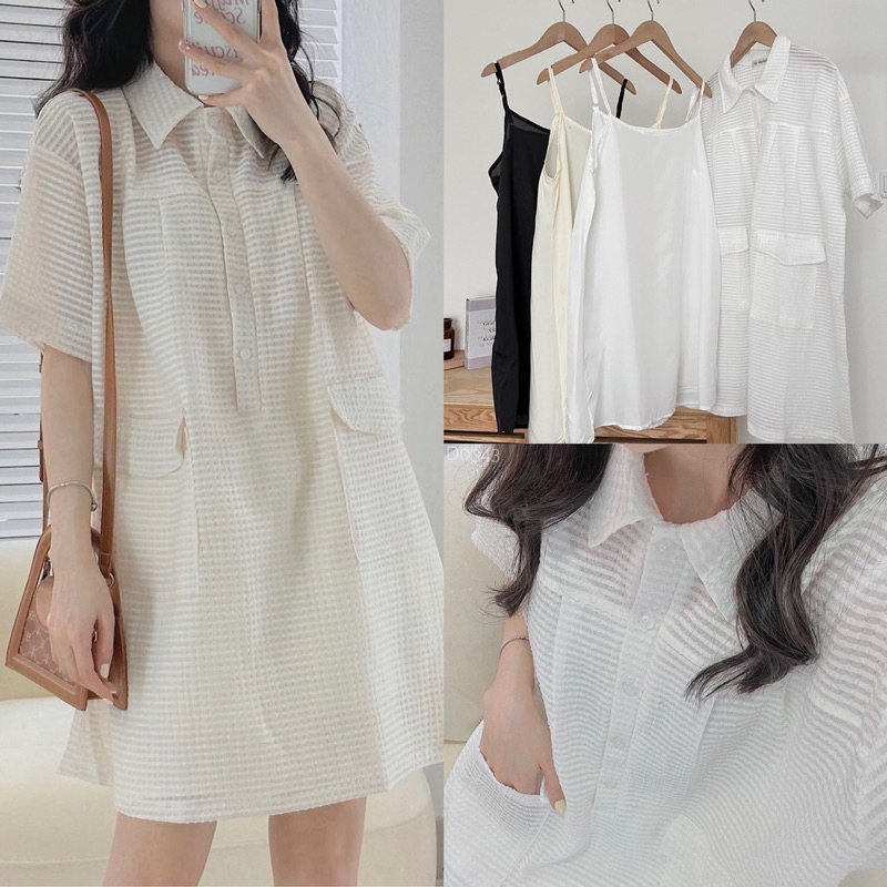 Set đầm cổ sơ mi tay ngắn form rộng có 2 túi trước kèm áo 2s trong 3 màu freesize Pumi 14565