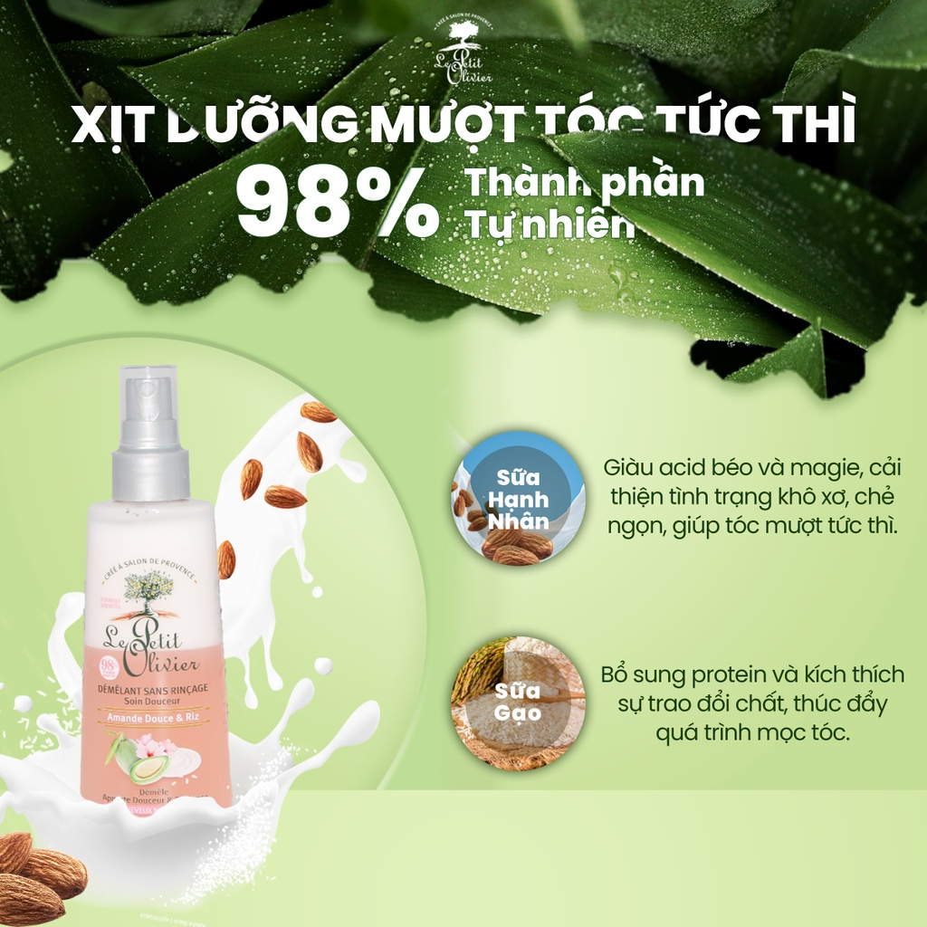 Xịt dưỡng tóc chiết xuất dầu Olive, dầu Argan, và sữa gạo giúp tóc giảm khô xơ, mỏng rụng Le Petit Olivier 150ml