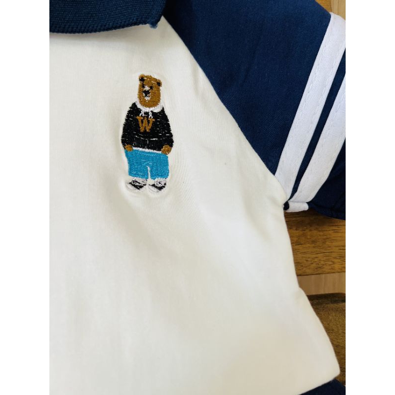 Bộ cộc tay, cổ trụ bé trai, vải cotton tàu co giãn, thoáng mát, thêu hình gấu dễ thương