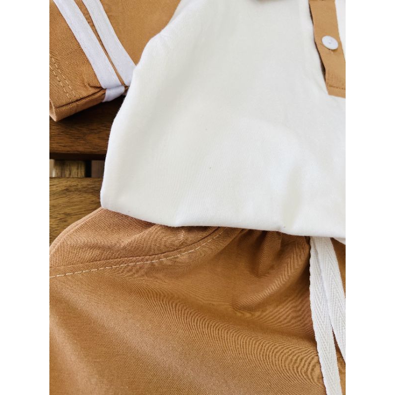 Bộ cộc tay, cổ trụ bé trai, vải cotton tàu co giãn, thoáng mát, thêu hình gấu dễ thương