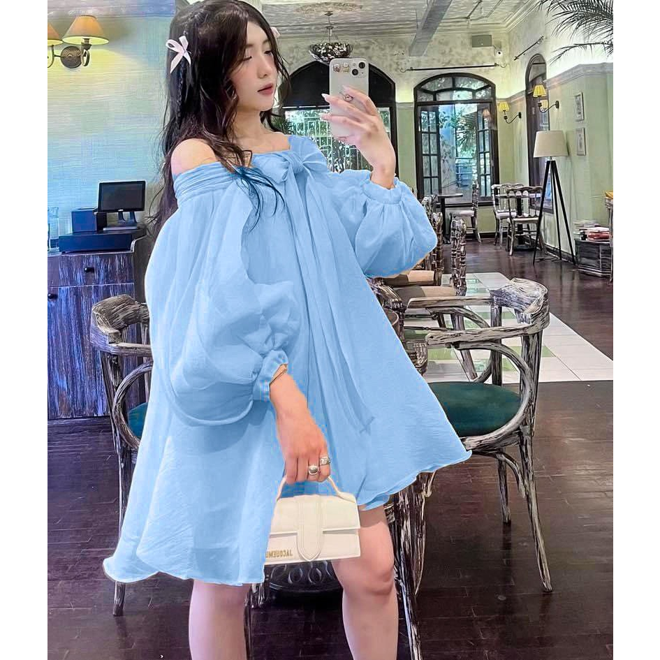 Đầm trễ vai tay phồng phối nơ 3 màu bigsize  n523