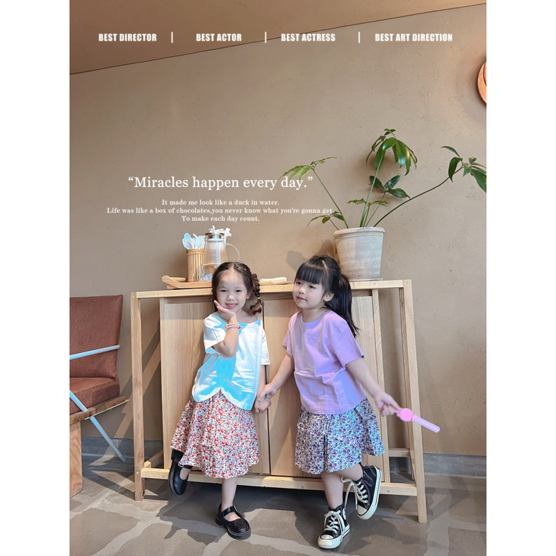 Set chân váy hoa kèm áo phông trơn phong cách Hàn Quốc cho bé gái mùa hè  - Mã 5