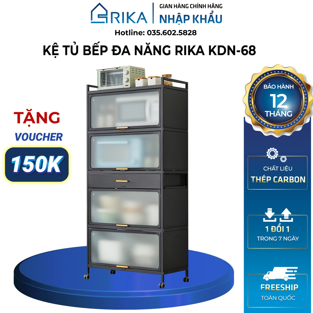 Tủ Bếp RIKA KDN68, Kệ Bếp Thép Carbon Kính Cường Lực Để Đồ Gia Dụng [Hàng Nhập Khẩu Chính Hãng]