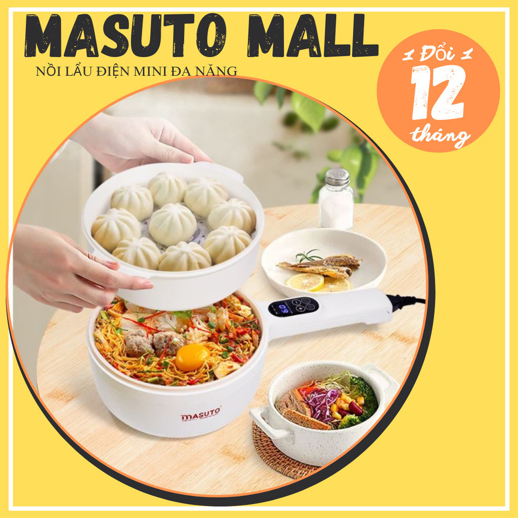 Nồi lẩu điện mini đa năng 2 tầng Masuto 5in1 , 1,8L có vỉ hấp bảng điều khiển điện tử chống nước
