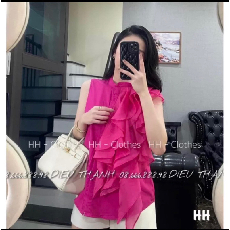 Áo Sơ Mi Kiểu Sát Nách Phối Bèo Cổ Trụ Hàng Đẹp