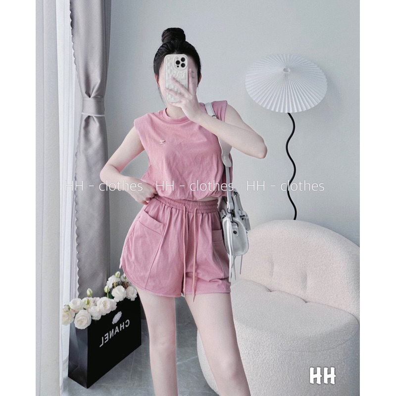 bộ xát nách bo gấu kèm tag màu hồng và đen
