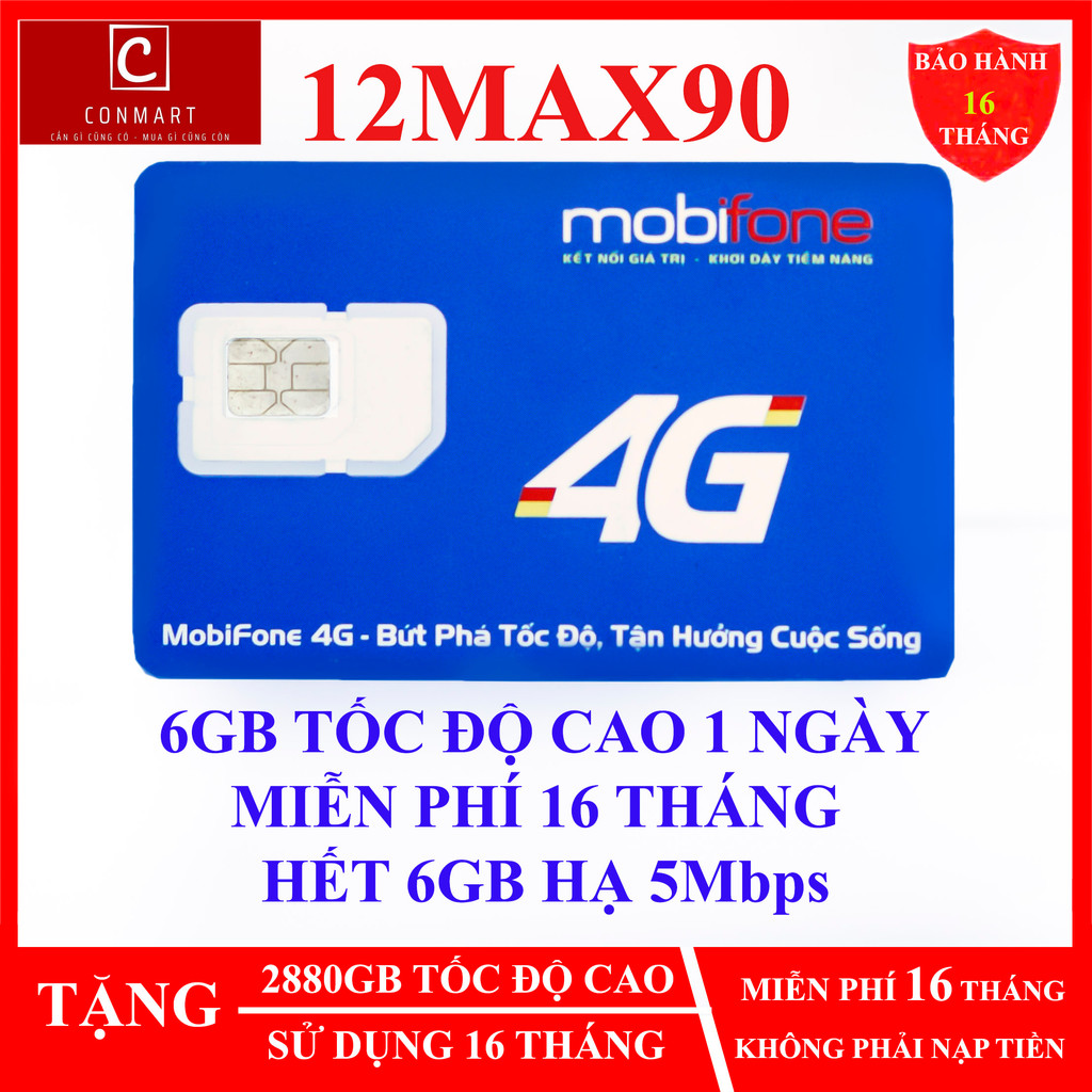 Sim 4G Mobifone 12MDT50 12MAX90 MDT250 HÀNH CHÍNH HÃNG BẢO HÀNH 12 - 16 THÁNG