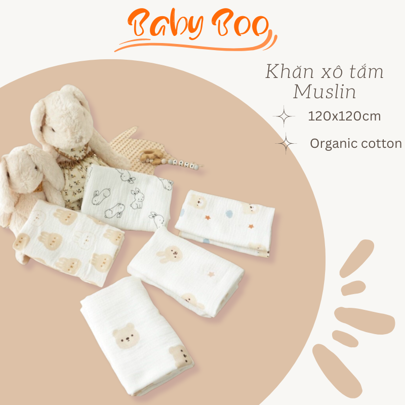 Khăn xô tắm Muslin Swaddle Organic cotton, khăn tắm sợi tre cao cấp thoáng khí, an toàn cho da của bé-Babyboo