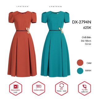 Đầm xoè nữ công sở cổ tròn tay bồng hoa đính eo lyntran dx-2794n