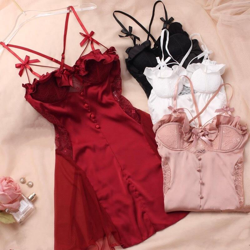 CV72 Váy ngủ 2 dây sexy CiCi cúp viền bèo có đệm, Đầm ngủ nữ chất lụa mềm phối ren gợi cảm Cici Sleepwear