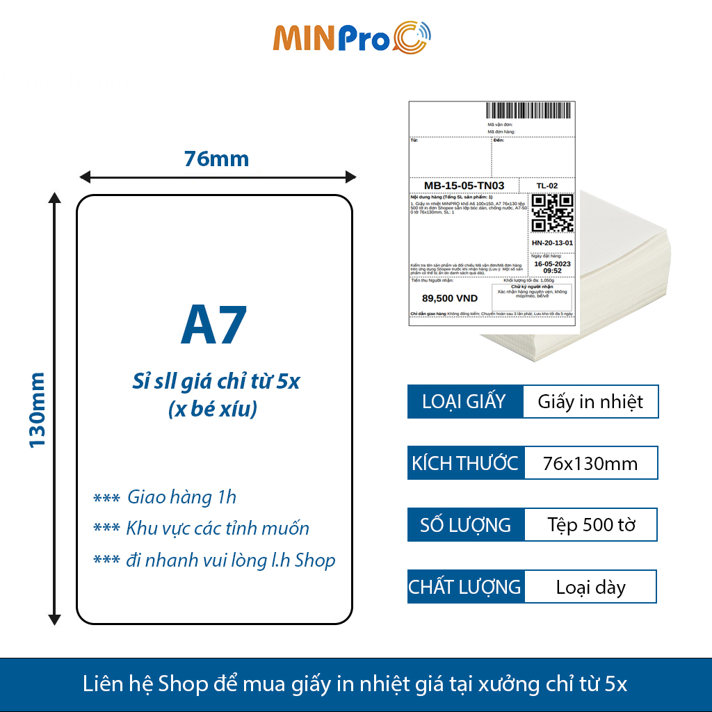 Giấy in nhiệt MINPRO tự dính 3 lớp 2000 tờ khổ 76x130 in đơn Shopee sẵn bóc dán tiện lợi