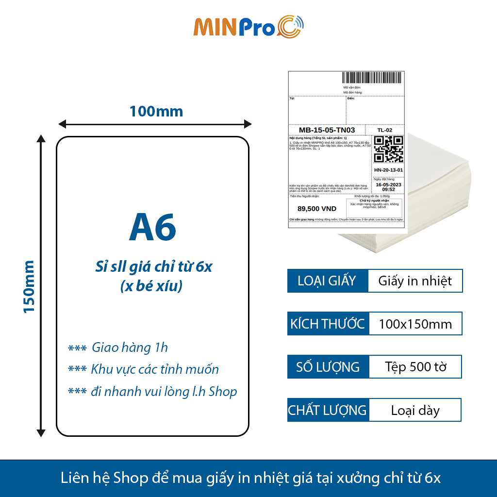 Giấy in nhiệt MINPRO tự dính 3 lớp 2000 tờ khổ 76x130 in đơn Shopee sẵn bóc dán tiện lợi