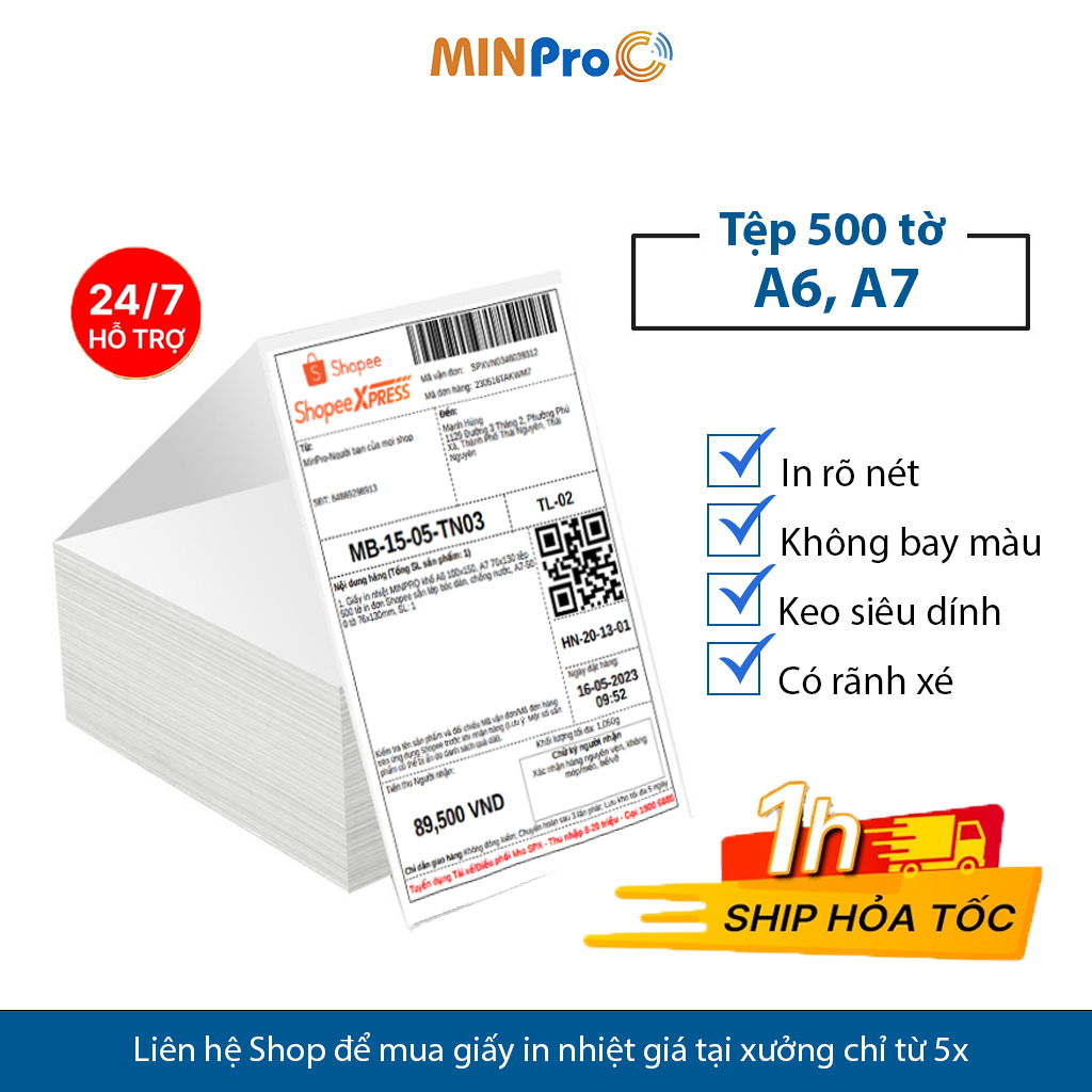 Giấy in nhiệt MINPRO tự dính 3 lớp 2000 tờ khổ 76x130 in đơn Shopee sẵn bóc dán tiện lợi