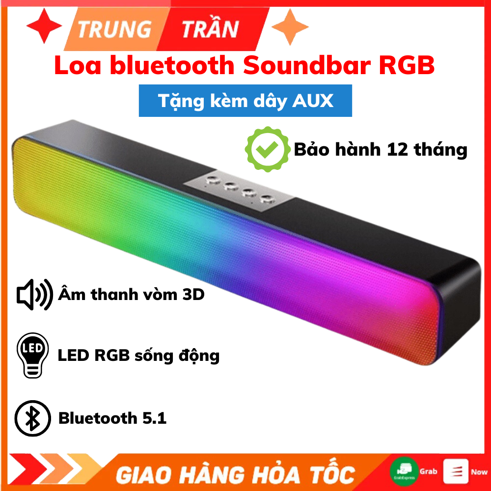 Loa Bluetooth Không Dây Soundbar RGB, Âm Thanh Vòm 3D Dùng Cho Máy Tính Vi Tính, Có Đèn LED, Bảo Hành 12 Tháng