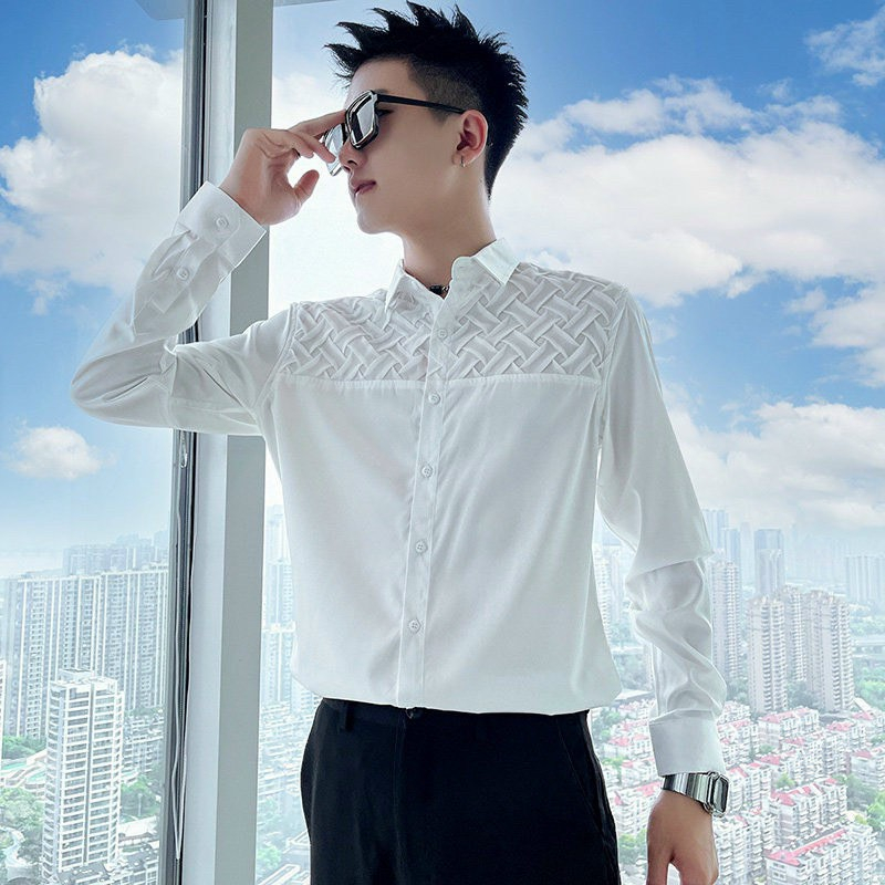 Áo sơmi nam tay phối vai họa tiết đan len 3D, chất vải lụa thoáng mát chuẩn phom trẻ trung năng động | BigBuy360 - bigbuy360.vn