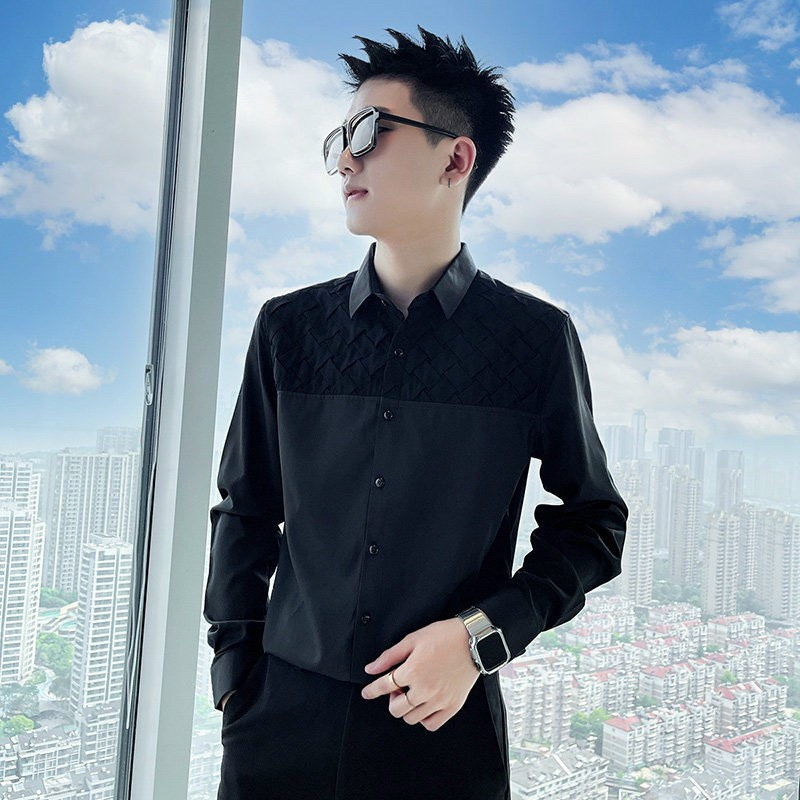 Áo sơmi nam tay phối vai họa tiết đan len 3D, chất vải lụa thoáng mát chuẩn phom trẻ trung năng động | BigBuy360 - bigbuy360.vn