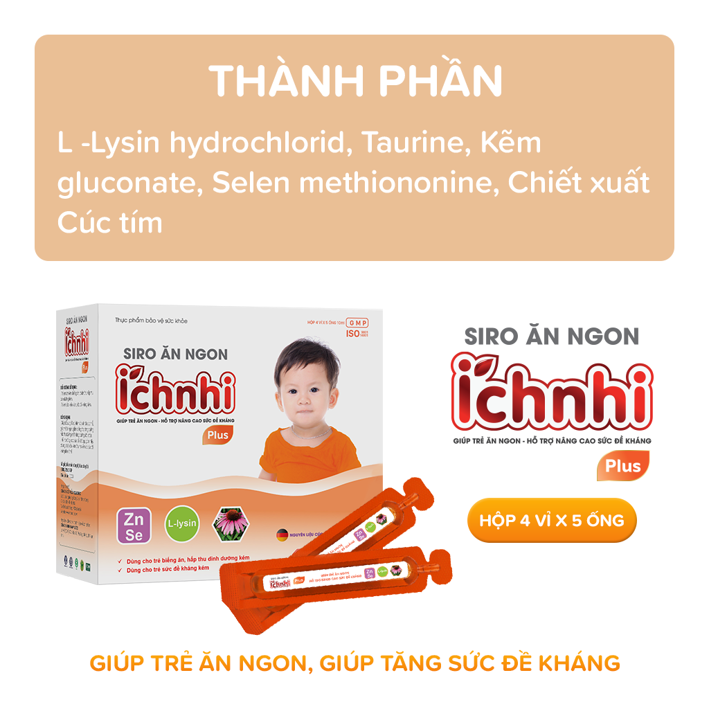 Siro ăn ngon Ích Nhi Plus hộp 20 ống 10ml giúp nâng cao sức đề kháng, tăng chuyển hóa hấp thu dưỡng chất, trẻ ăn ngon