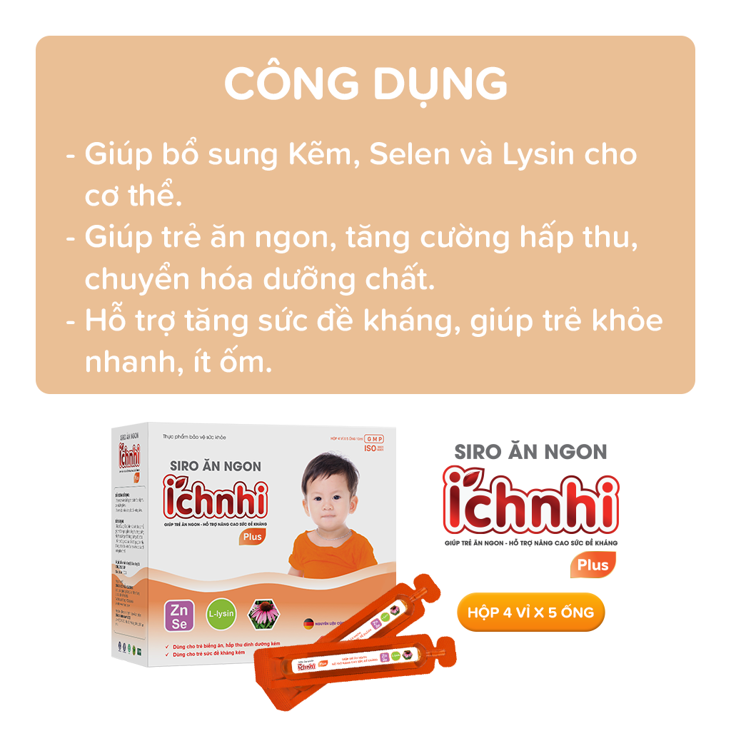 Siro ăn ngon Ích Nhi Plus hộp 20 ống 10ml giúp nâng cao sức đề kháng, tăng chuyển hóa hấp thu dưỡng chất, trẻ ăn ngon