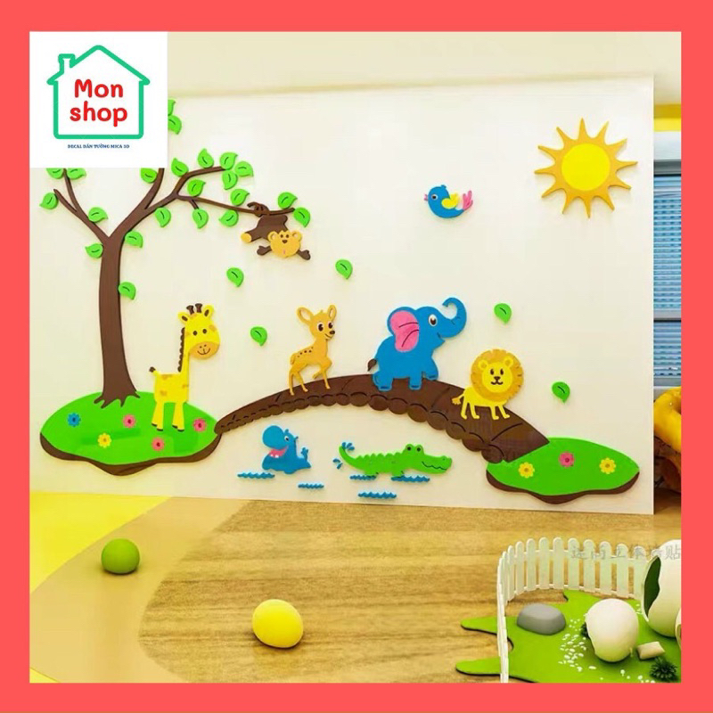 Decal mica 3D dán tường thế giới động vật cho bé, decor phòng học, phòng ngủ bé gái